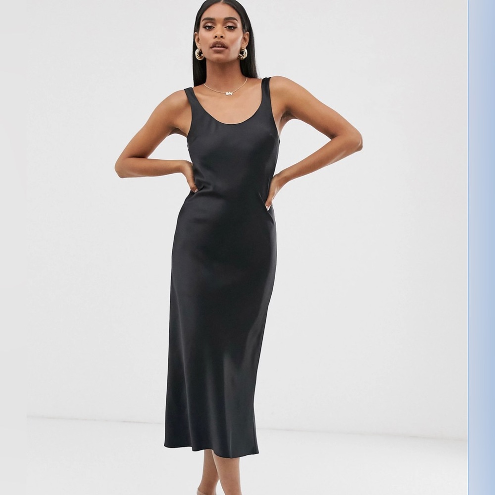 ASOS DESIGN scoop neck midi satin slip dress in black